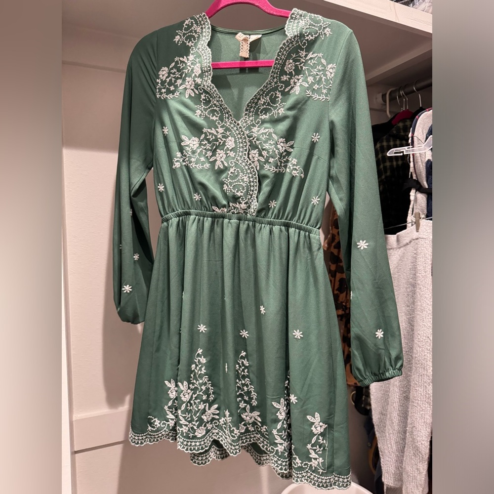 H & M green embroidered mini dress.